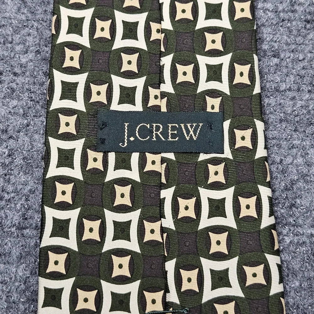 J Crew Necktie Green Beige Geometric‎ Lattice Pattern Squares Diamonds Grid - Picture 2 of 5